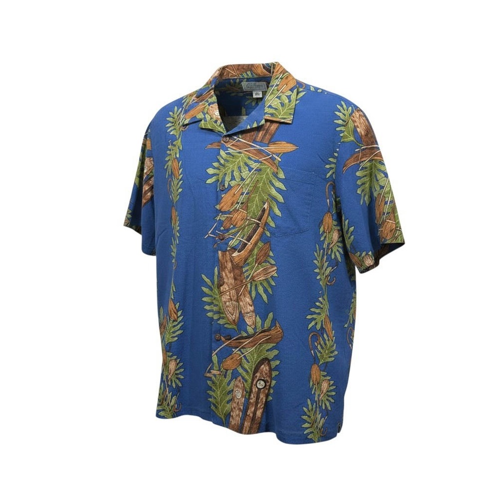 Kolekole Mens XL‎ Hawaiian Shirt Blue Canoe Paddle Tropical Print Made in Hawaii